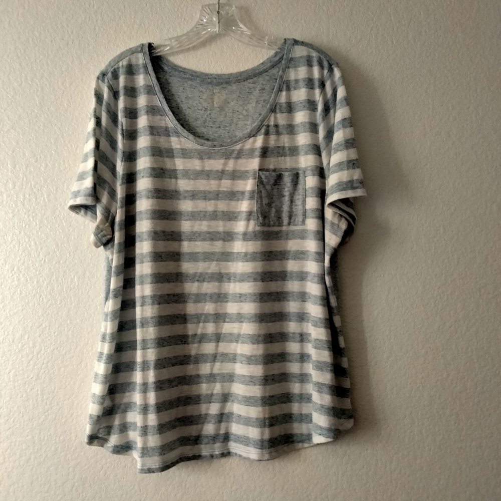 Lane Bryant Womans Top Size 22/24 Blue White Striped Pocket Scoop Neck Casual